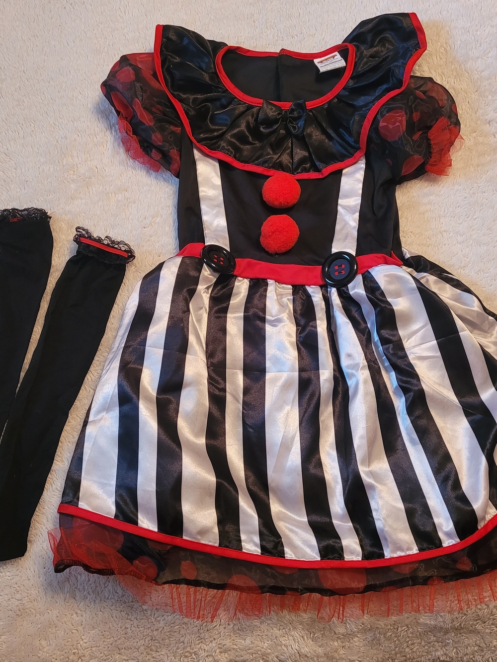 Kids Black & White Striped Clown Costume with Red Accents, Size XL